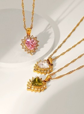 女式锆石心形项链不锈钢首饰18k金链项链闪亮绿/粉/白色吊坠项链