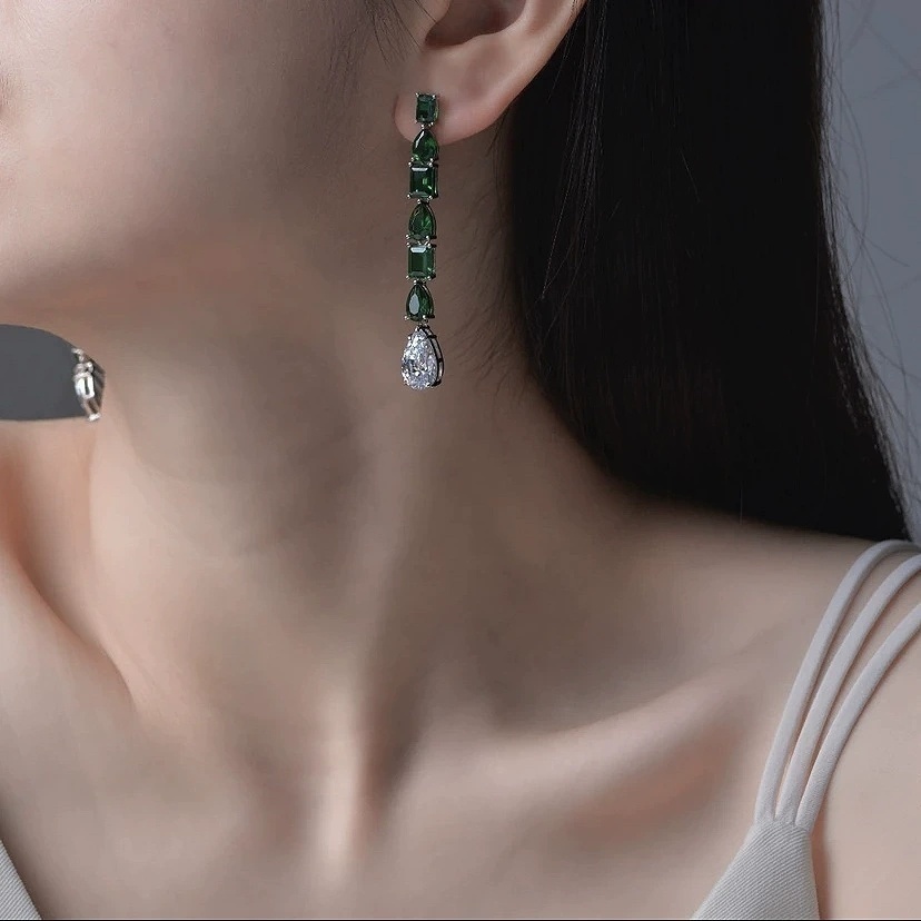 跨境新款S925银1ct绿纳米耳环8*12欧美长款个性气质耳饰女