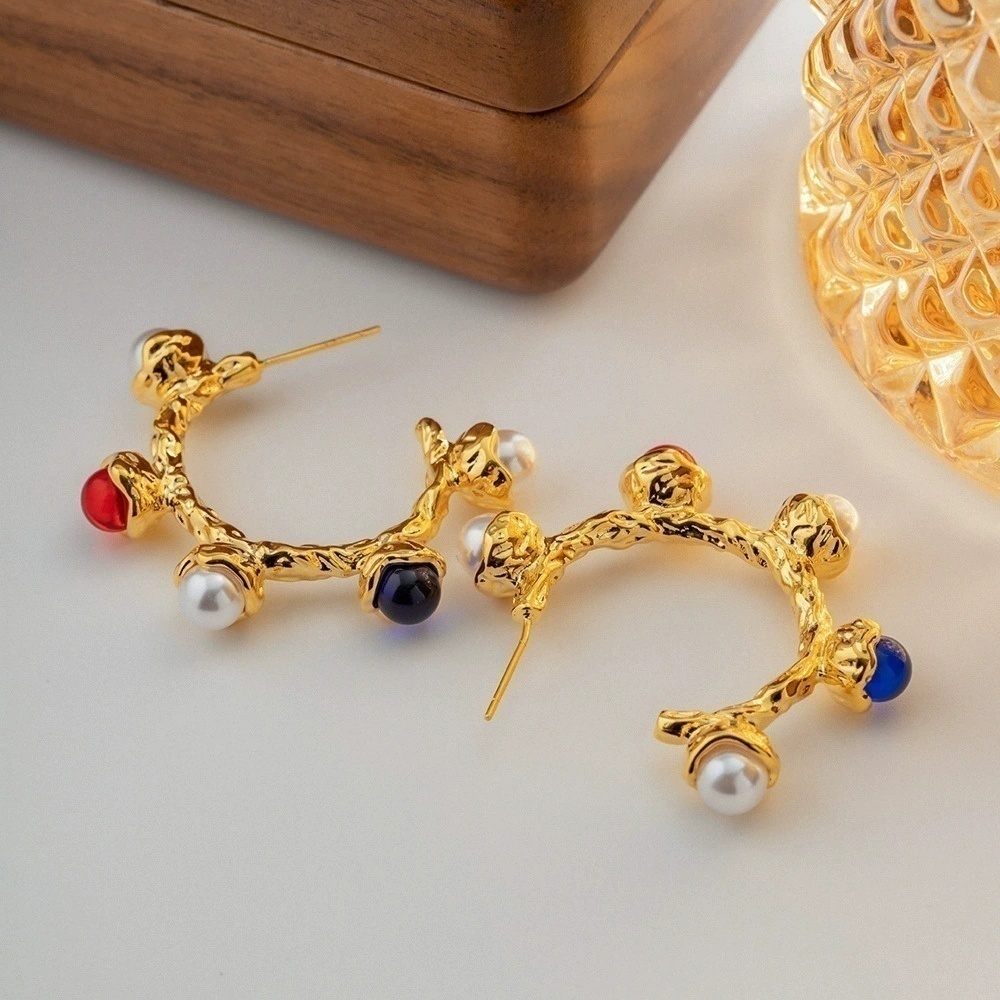 ins风欧美新款锤纹C形夸张玻璃珍珠耳环  铜镀18K真金925银针首饰