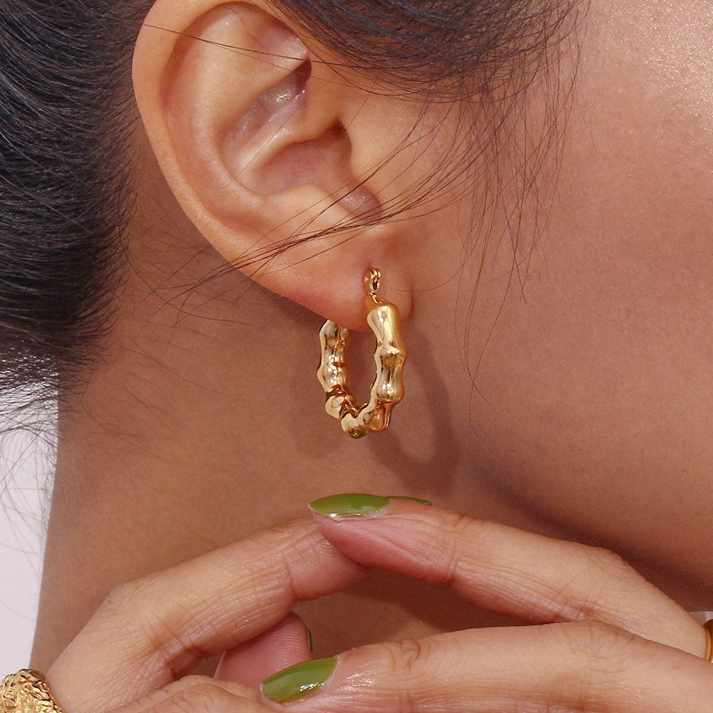 欧美ins简约时尚小众耳饰 不锈钢镀18K金个性几何尖角空心耳圈女