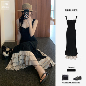 法式赫本风高级感荷叶边气质鱼尾长裙海边度假风黑色吊带连衣裙夏