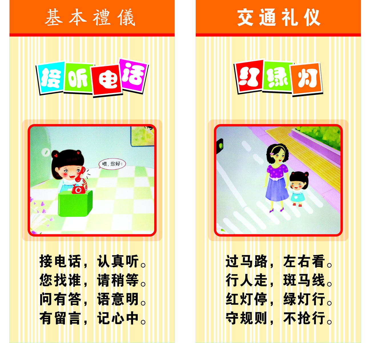 426薄膜海报印制展板喷绘写真5幼儿园基本礼仪接听电话红经绿灯