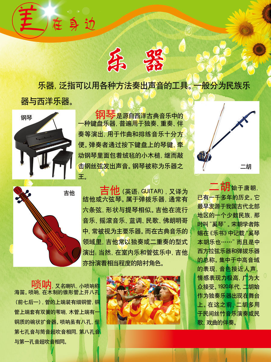 604画布海报展板喷绘贴纸图片451学校版面美在身边之乐器简介