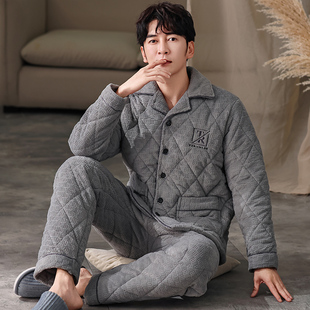 三层夹棉睡衣男冬季加绒加厚珊瑚绒中年法兰绒家居服冬款棉衣套装