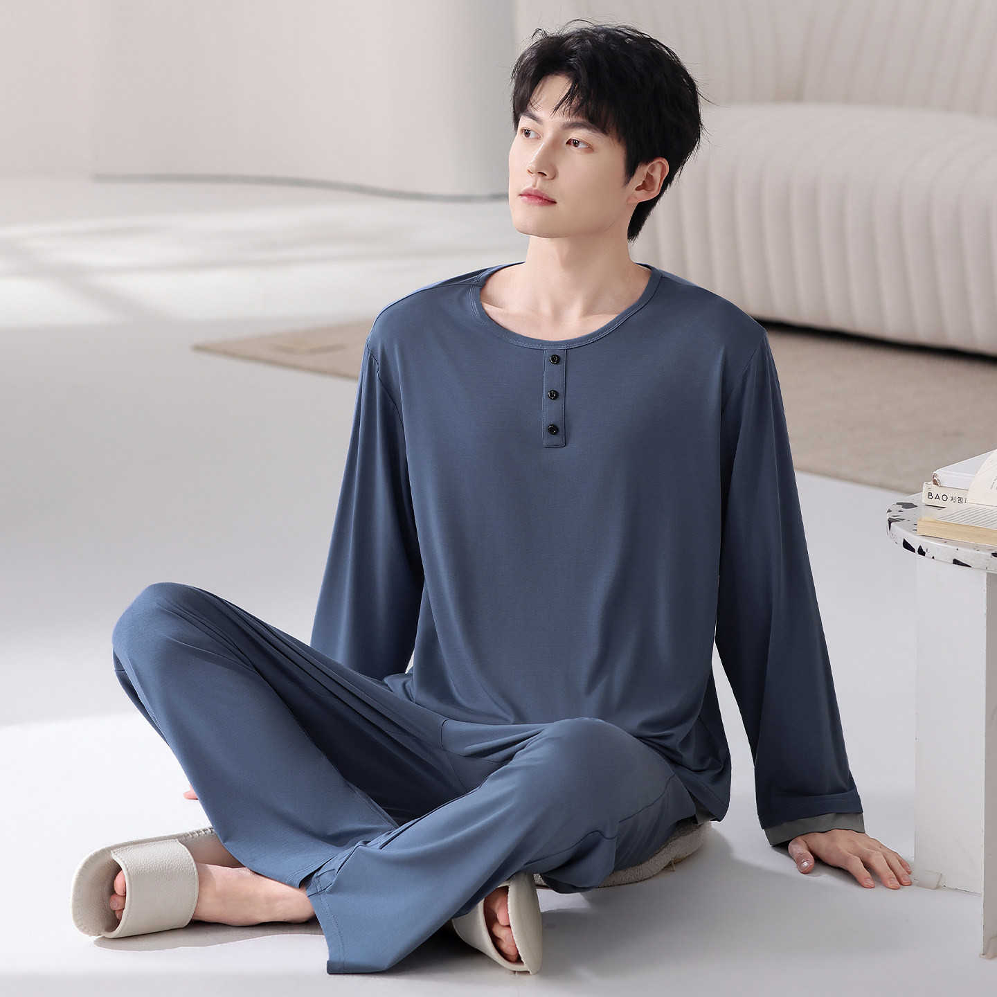 新款春秋季男士睡衣莫代尔长袖长裤加大码纯色可外穿春夏薄款套装