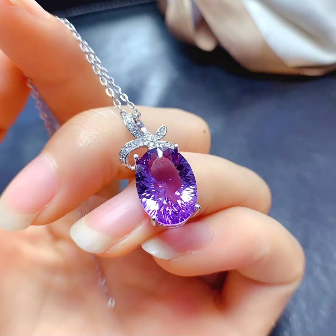 高品质925纯银天然紫水晶吊坠项链女款紫水晶吊坠项链女款紫水晶