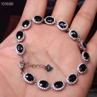 山东昌乐925纯银镶深蓝色天然蓝宝石手链女款14粒一克拉正品宝石