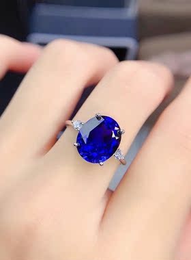 简单大气蓝宝石戒指活口925纯银镀白金四爪简约大克拉宝石女戒指
