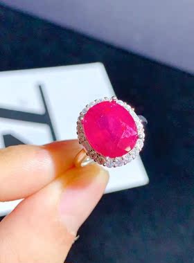 大克拉天然红宝石戒指925银白金10x12鸽血红宝石食指戒大颗粒宝石