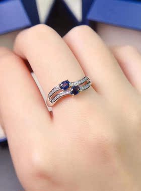 纯天然无烧斯里兰卡蓝宝石戒指指环活口925纯银镀白金透度好戒指