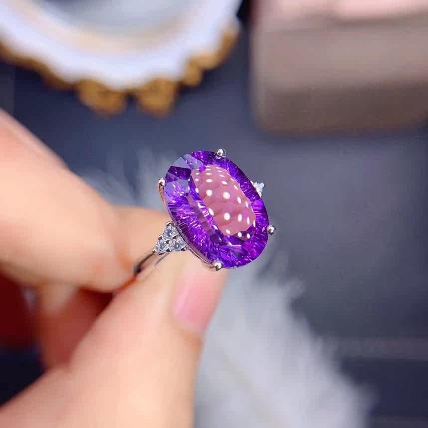 鸽子蛋天然紫水晶戒指活口简单大气925纯银镀白金不掉色水晶戒指