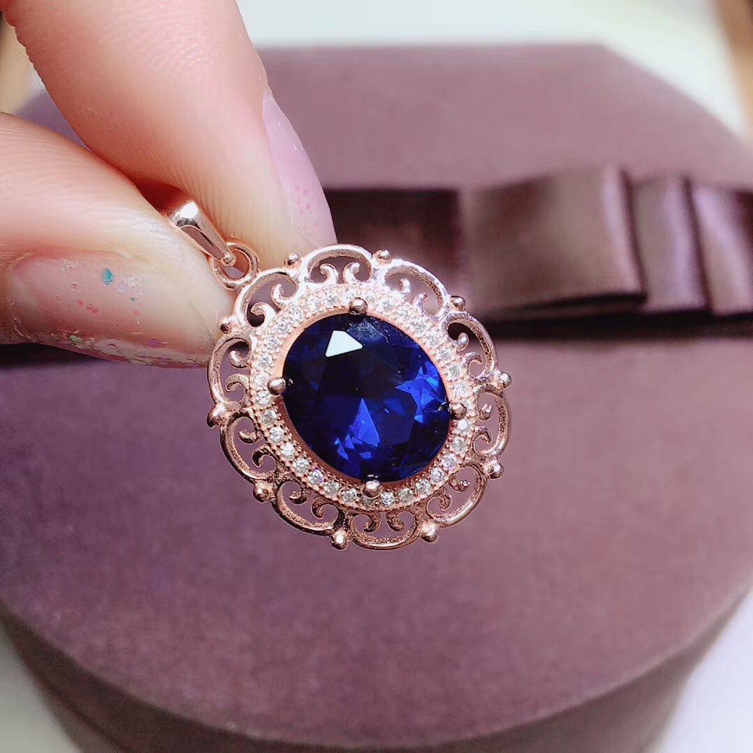 工厂大促销925银镶蓝宝石吊坠皇家蓝色精致玫瑰金彩色宝石项链坠