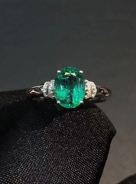 抄底925银镶天然祖母绿戒指时尚