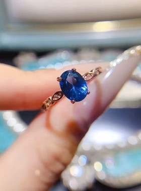 925银镀18k玫瑰金天然伦敦蓝托帕石戒指活口调节深蓝宝石女戒简约