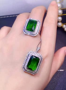 大克拉长方绿碧玺水晶项链坠戒指套装925纯银配钻祖母绿珠宝首饰