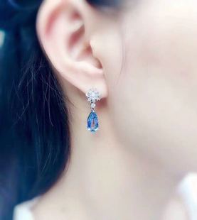 925银天然托帕石耳钉蓝宝石耳坠蓝水晶水滴耳环防过敏气质耳坠女