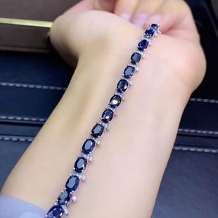 山东昌乐天然无烧蓝宝石手链925银镀18k白金不掉色带延长链可调节