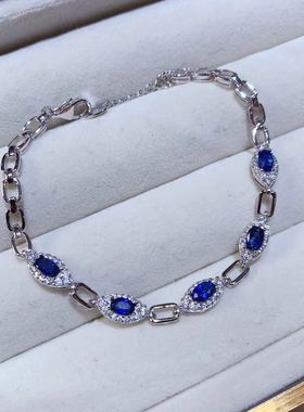 新款天然斯里兰卡蓝宝石手链高净度925银精工镶嵌厚重银精致时尚