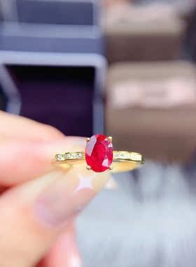 925银镀18k黄金天然红宝石戒指一克拉简约四爪活口指环可调节大小