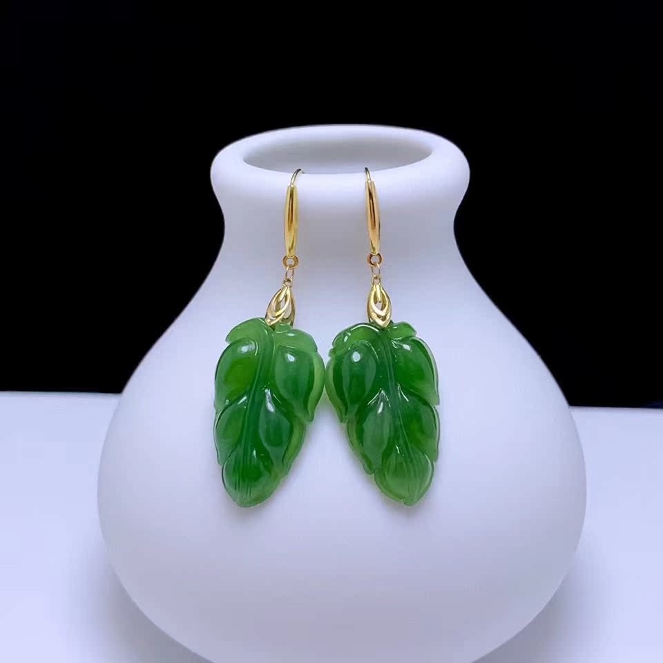 18k黄金玫瑰金天然和田玉碧玉树叶耳坠耳环正品玉叶子耳钩菠菜绿