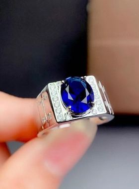 纯银大气宝蓝色活口男友礼物指环