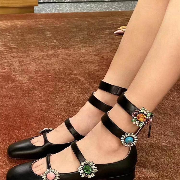 鼎版~2025新款真皮玛丽珍鞋水钻花朵一字带仙女甜美风时尚单鞋女