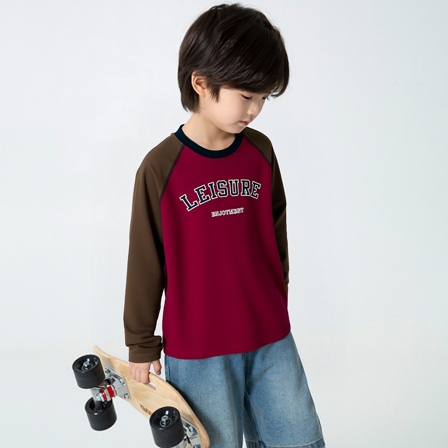 品牌外贸童装儿童纯棉打底衫 中大男孩女青年拼色字母长袖圆领T恤