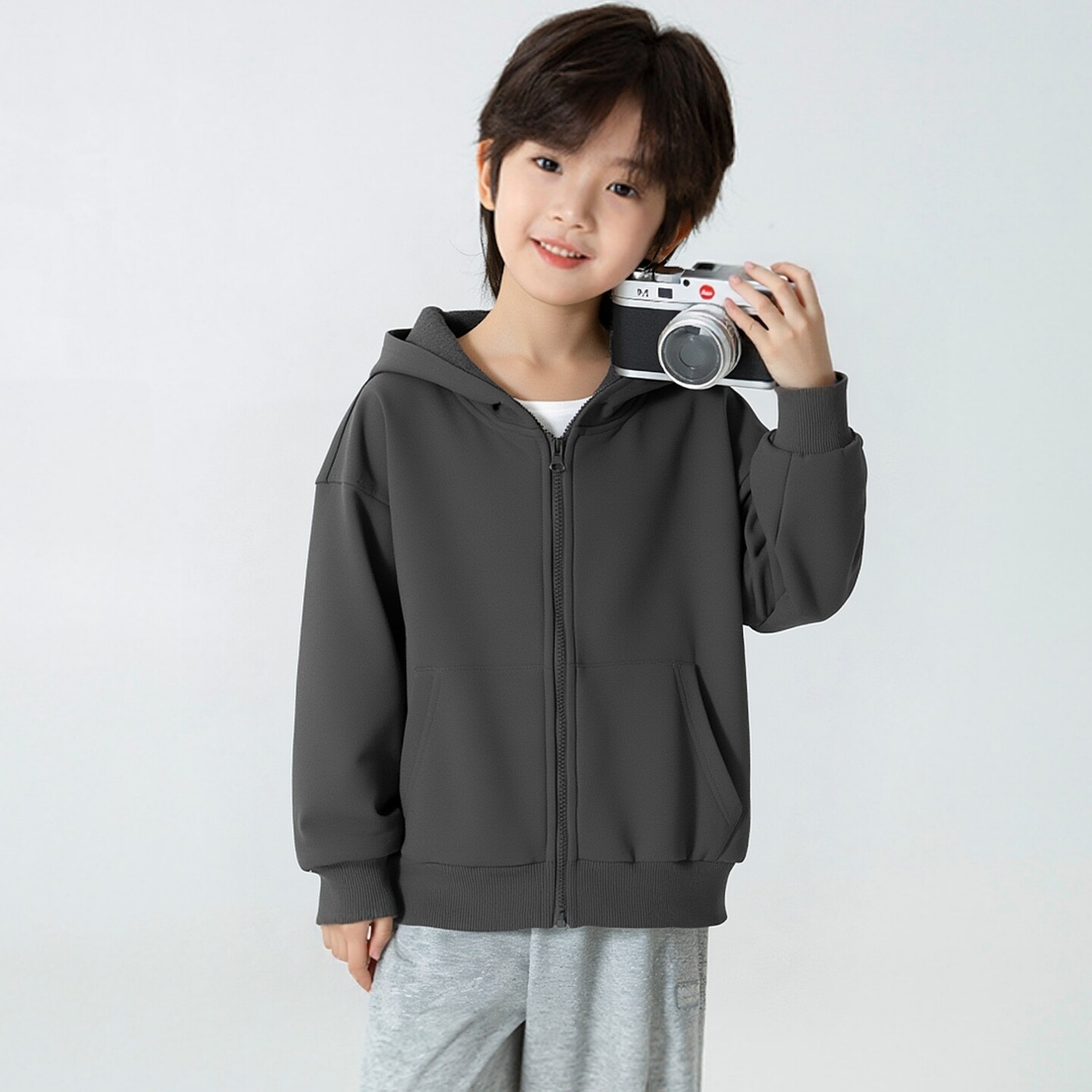 品牌童装春季新款拉链衫中大男女连帽纯色外套开衫纯棉大毛圈卫衣