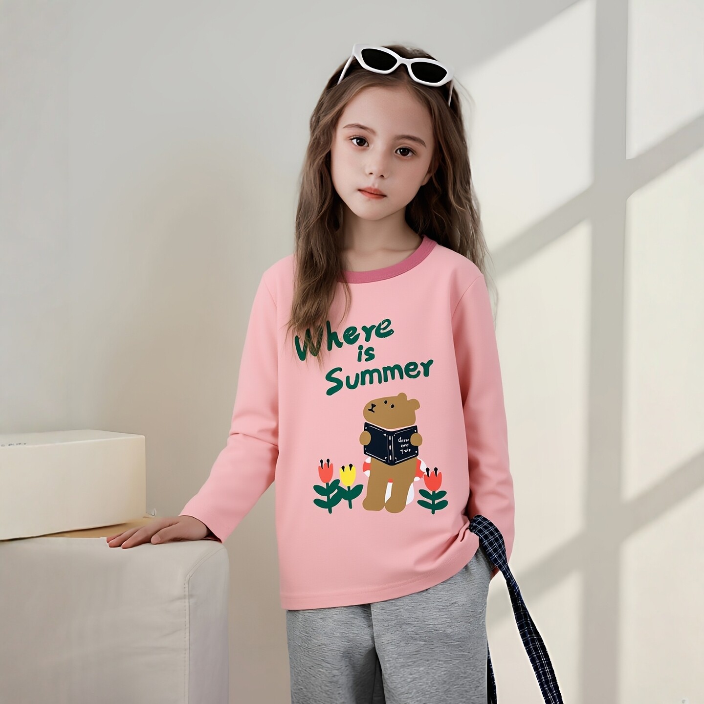 2026春季新款韩版女童纯棉长袖T恤 儿童百搭卡通小熊印花童装上衣
