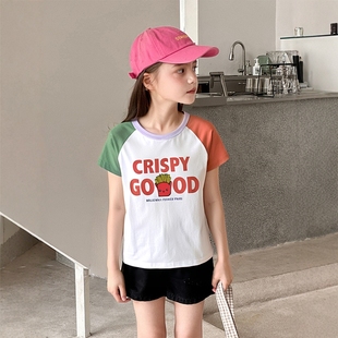 T恤 儿童字母印花纯棉短袖 女童装 韩版 上衣潮 2025夏季 卡通拼袖 新品