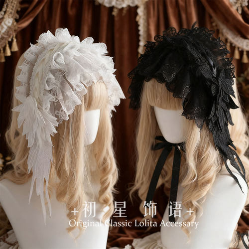 初星lolita天使翅膀蕾丝发带哥特发饰修女黑白cos发带亚文化