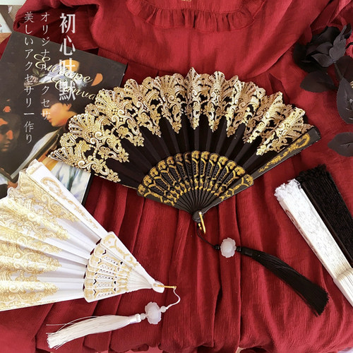 lolita欧式复古蕾丝旗袍走秀扇子