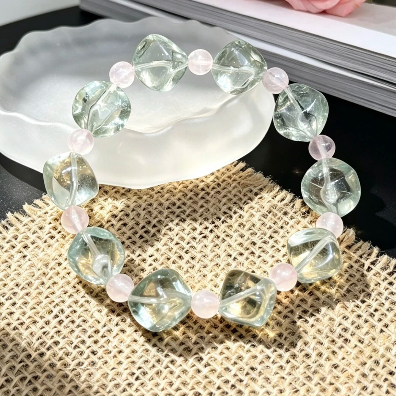 绿水晶斜方糖粉水晶手串精致手链