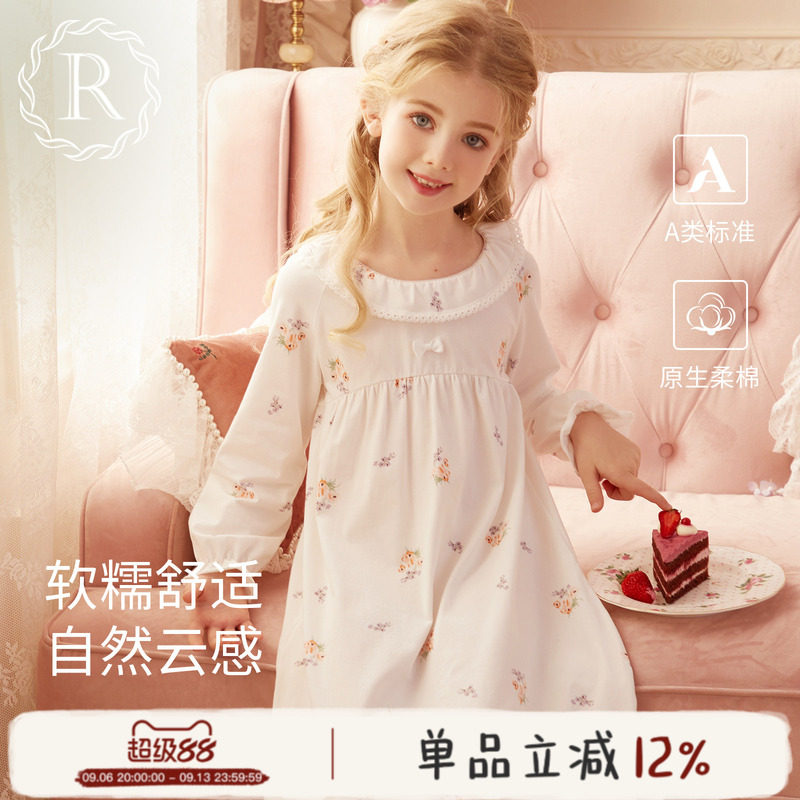 rosetree纯棉长袖印花圆领睡裙图片