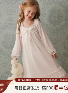 RoseTree儿童公主睡裙女童春秋长袖蕾丝女孩宝宝中大童宫廷风睡衣