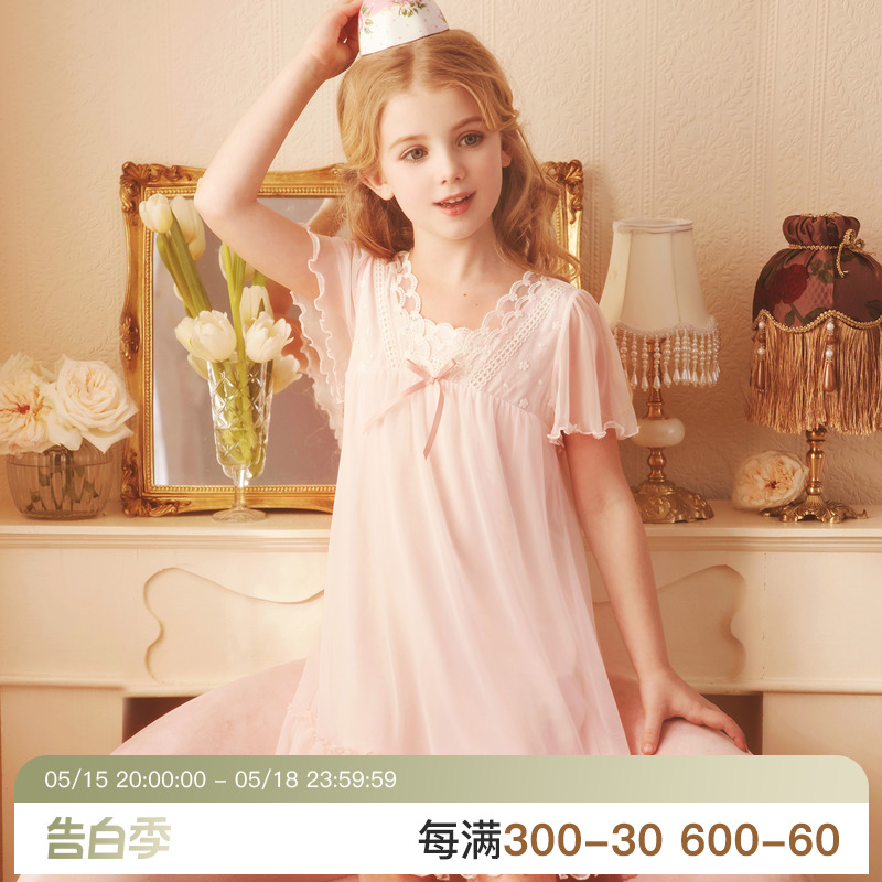 rosetree女童睡裙夏季薄款短袖儿童公主风冰丝可爱小女孩宝宝睡衣