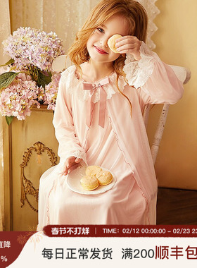 RoseTree女童公主睡裙长袖春秋儿童蕾丝宫廷宝宝女孩亲子冰丝睡衣