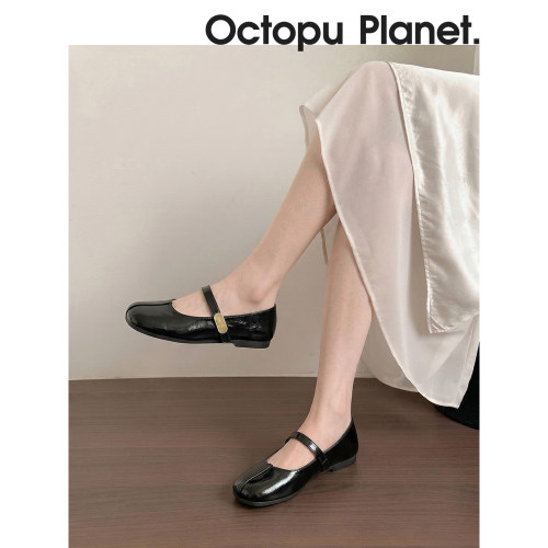 法式一字扣玛丽珍鞋女黑色漆皮圆头平底百搭温柔风浅口单鞋