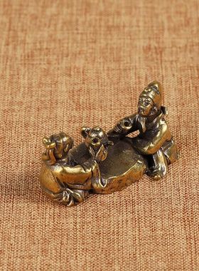 茶道琴棋书画铜雕老人对弈小摆件纯实心黄铜人物铜手把件仿古铜器