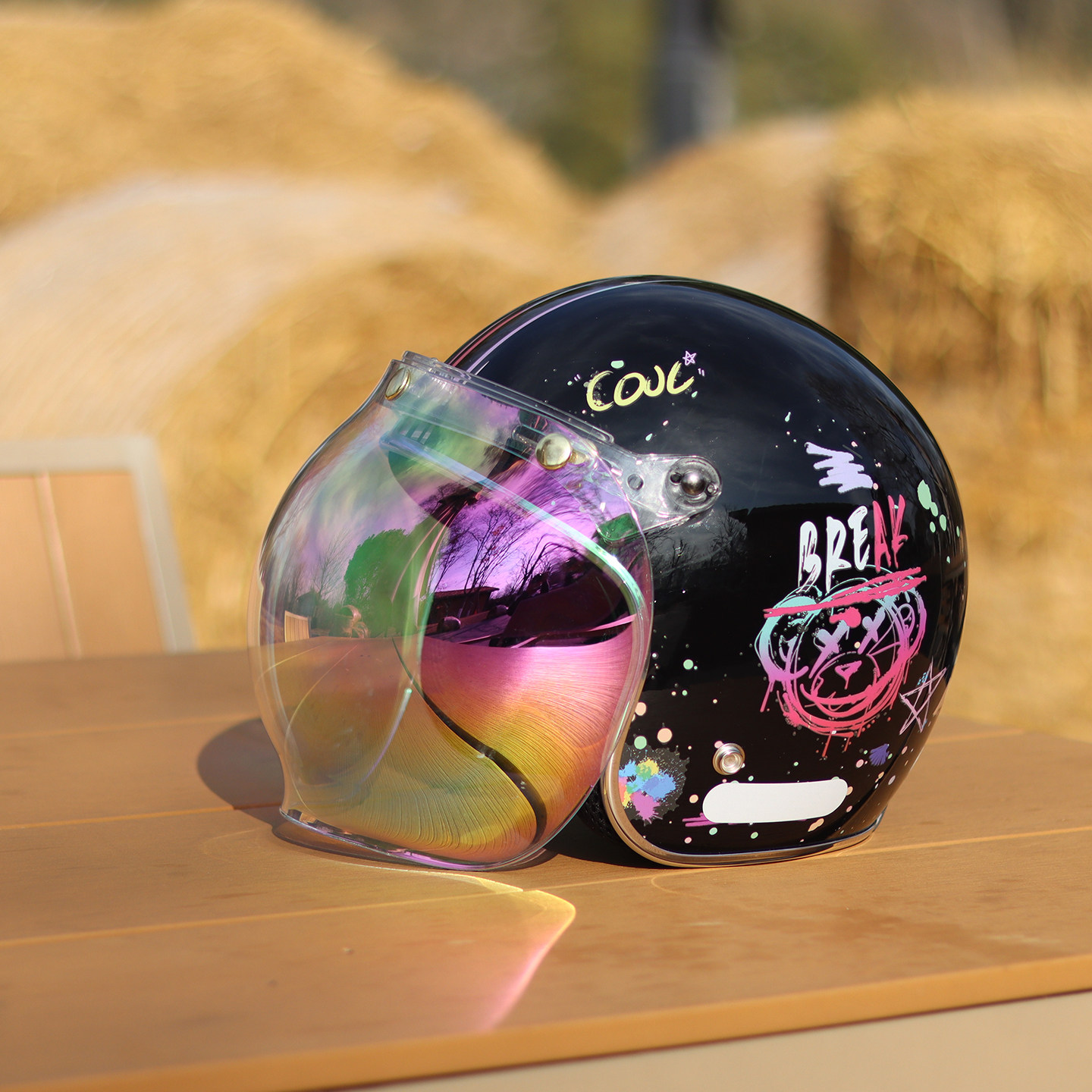 台湾evo摩托车头盔43盔半盔复古巡航男女春秋四三盔涂鸦电动车黑