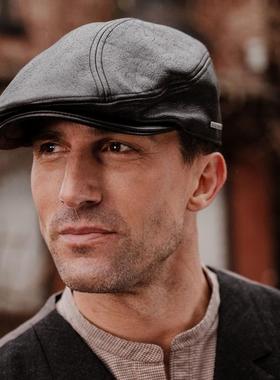 现货stetson牛皮鸭舌帽真皮帽子报童帽中年户外平顶司机帽子休闲