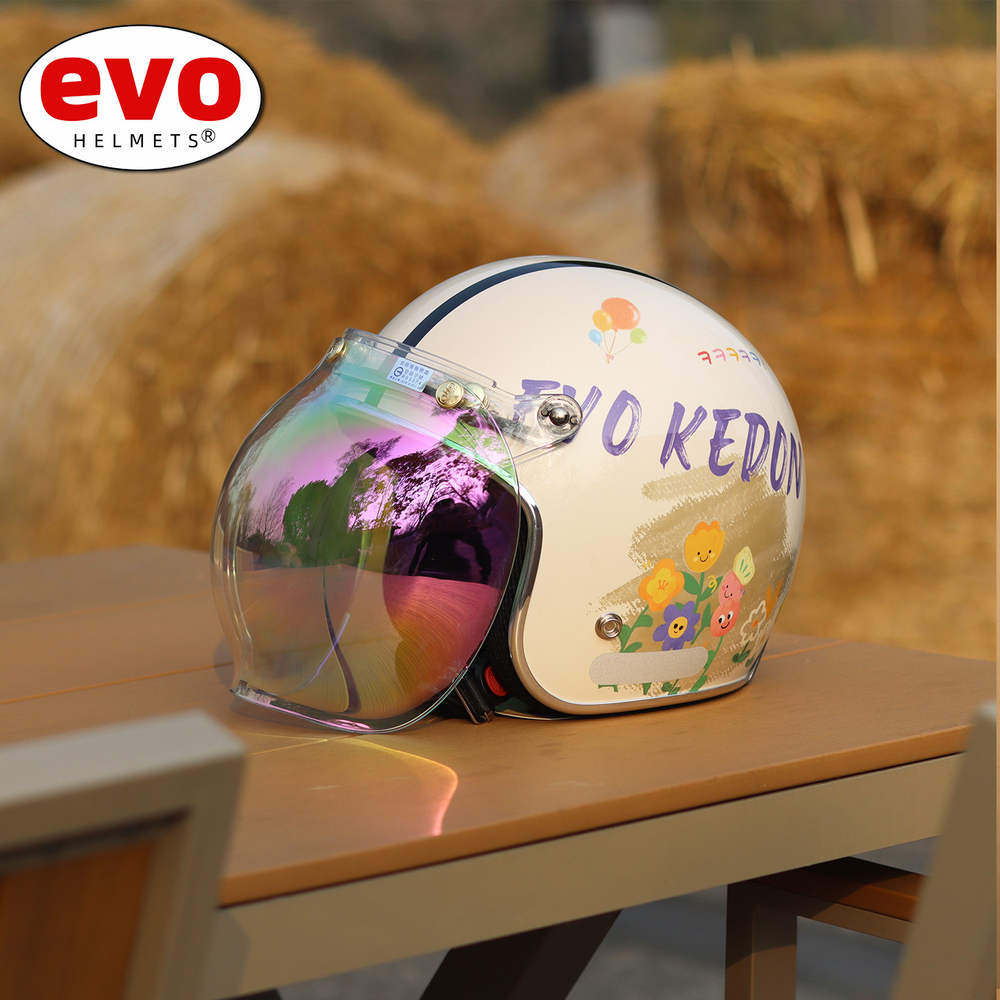 台湾evo摩托车头盔43盔半盔复古巡航男女春秋四三盔太阳花机可爱