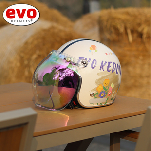 台湾evo摩托车头盔43盔半盔复古巡航男女春秋四三盔太阳花机可爱