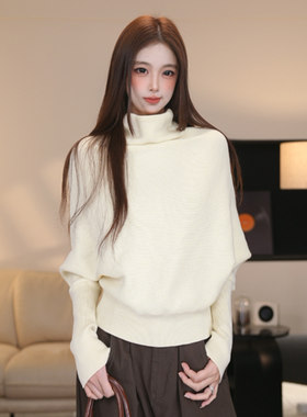 尔给秋冬半高领时尚蝙蝠袖针织衫毛衣女新款高级感慵懒风长袖上衣
