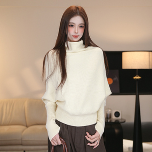 尔给秋冬半高领时尚蝙蝠袖针织衫毛衣女新款高级感慵懒风长袖上衣