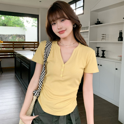 尔给夏季半开领显瘦收腰T恤女修身设计感纯欲正肩百搭针织上衣