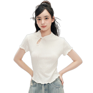 尔给小个子新中式短款斜襟上衣女夏款木耳边短袖t恤女