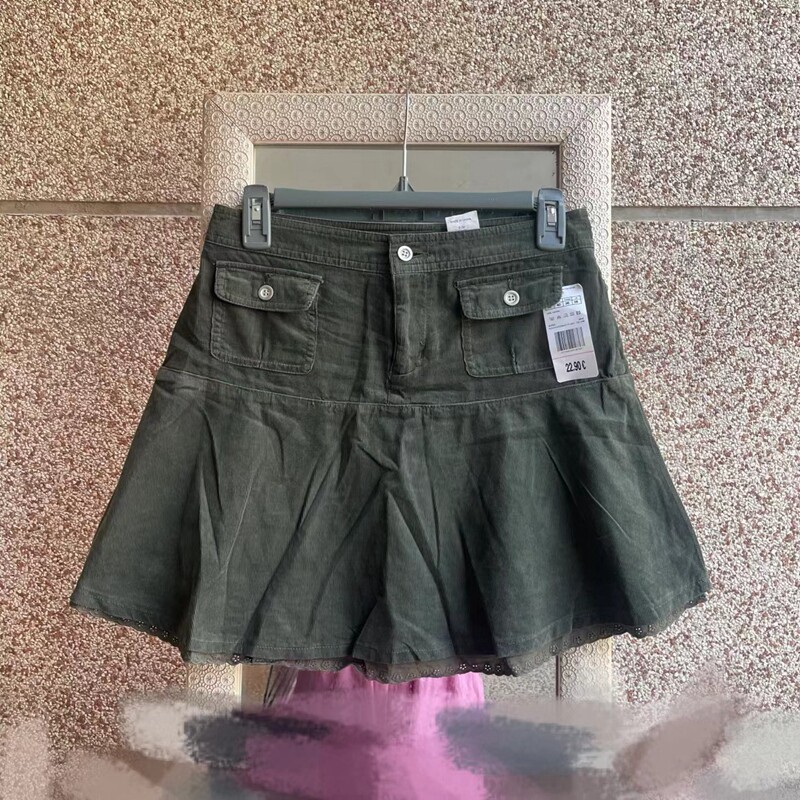 辣妹外贸纯棉工装短裙纯欲口袋辣妹工装短裙蕾丝花韩系百搭半身裙
