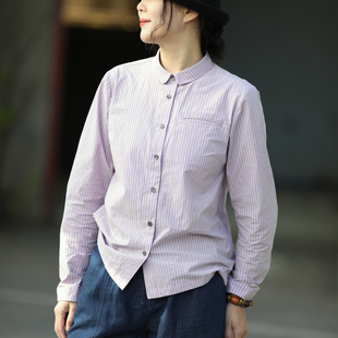 游设原创小圆翻领百搭基础款色织条纹长绒棉衬衫 暮山