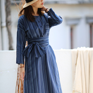 游设计原创新中式 色枝 色织条纹不规则连衣裙